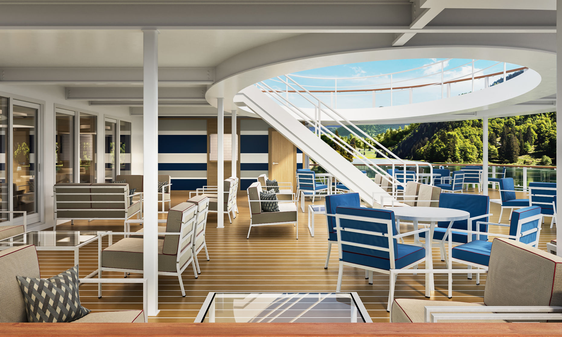 American Cruise Lines' modern riverboat interiors - outside aft lounge